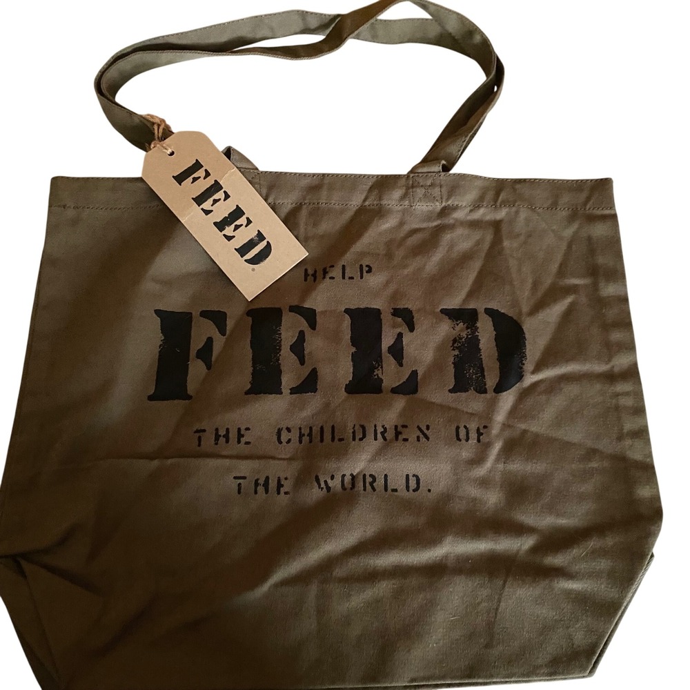 FEED Organic Cotton Canvas Tote Bag Olive Green Help 10 NWT